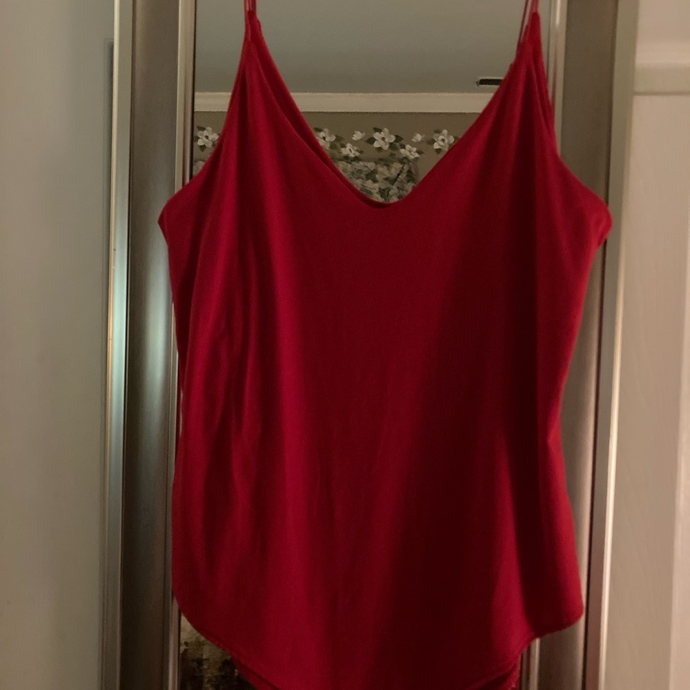 Red spaghetti strap body suit with snap crotch. Size large